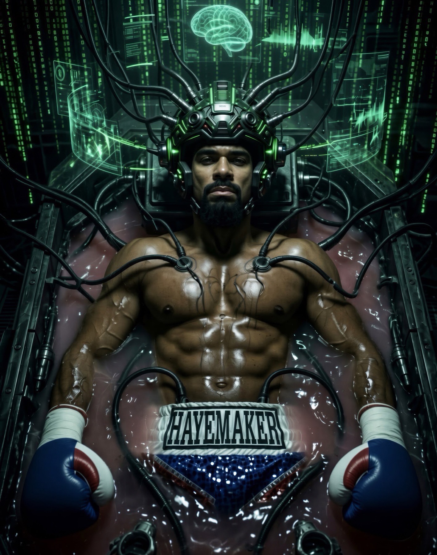 David Haye wired into a pod, headset on, boxing gloves still laced.